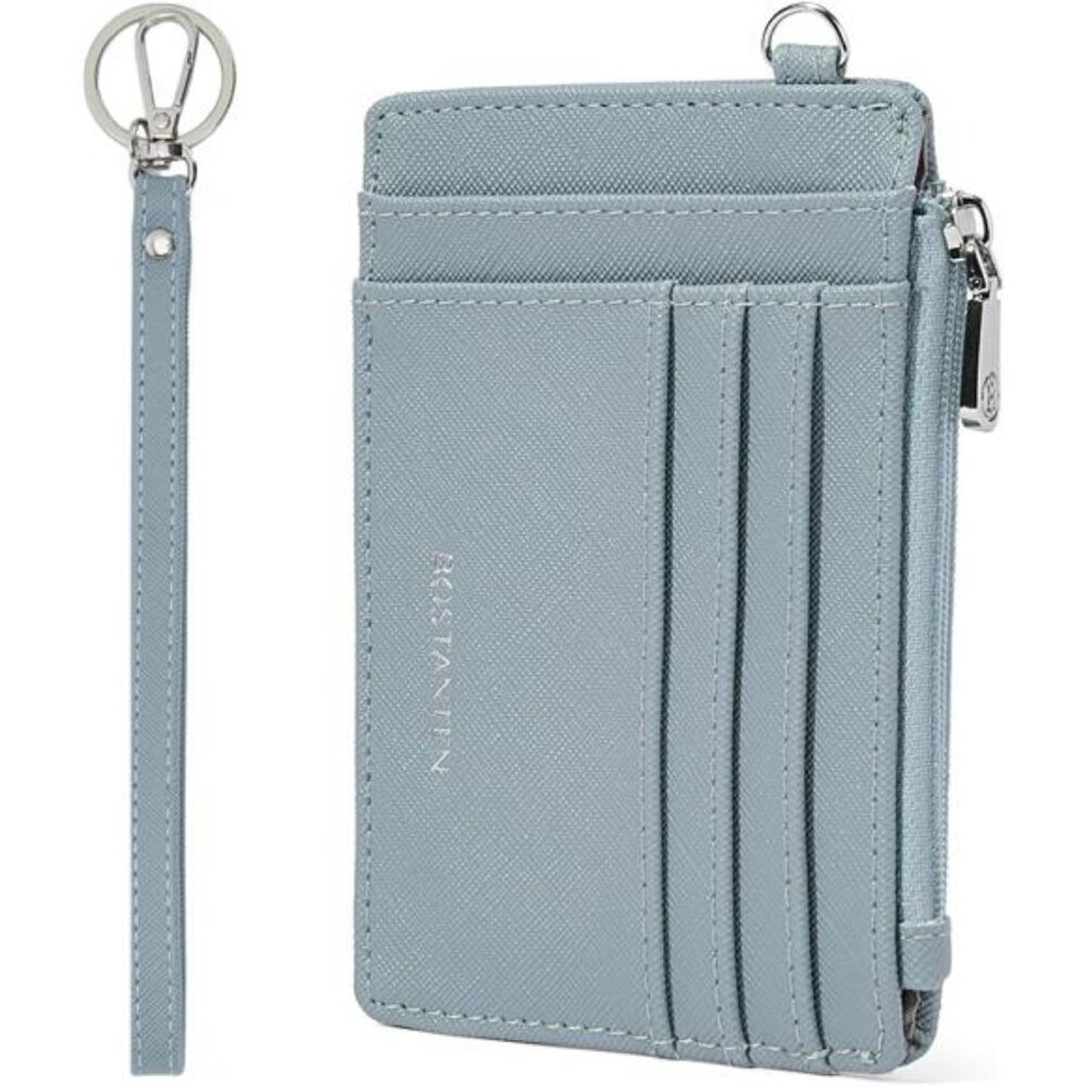 RFID Leather Wallet for Women Slim Card Holder with Zipper Keychain